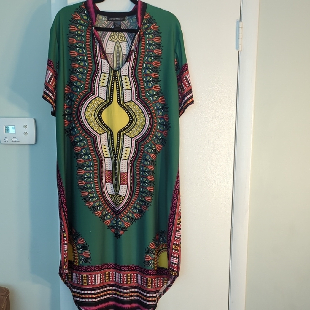 Ashley Stewart African/Tribal Print Midi Dress (Green)